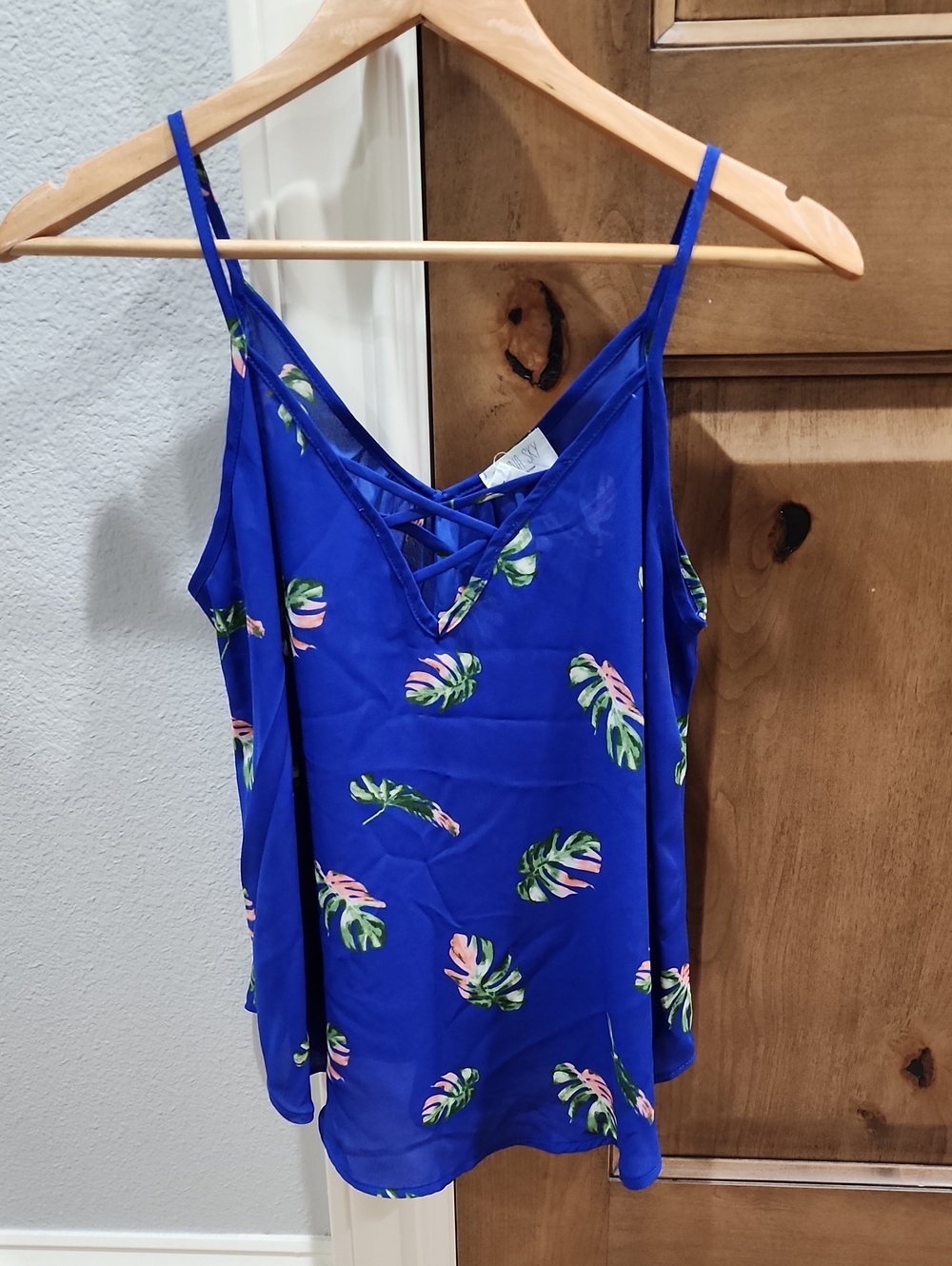 Sienna Sky Royal Blue Tropical Leaf Crisscross Tank Top
